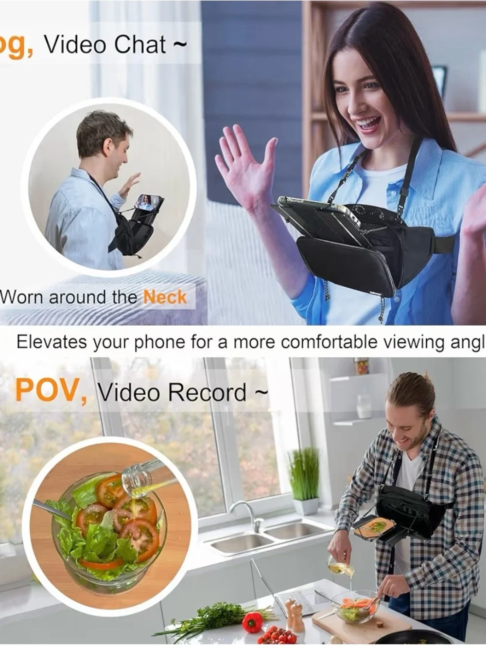 Adjustable Black Hands-Free Neck Phone Holder for VR & Video